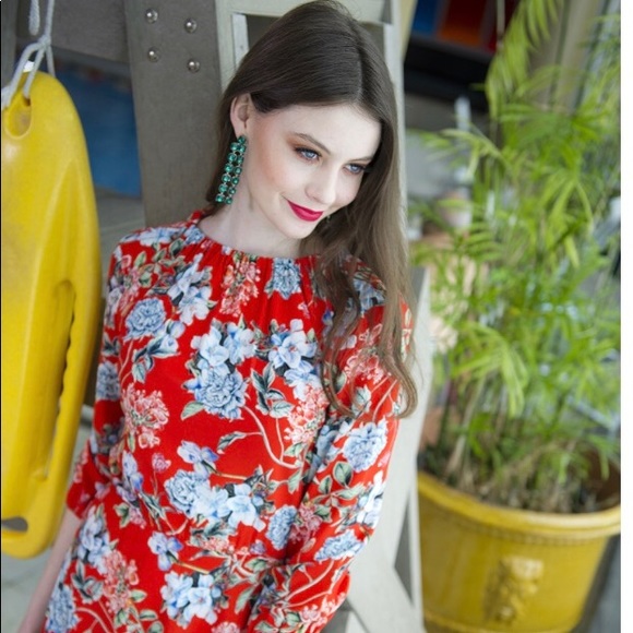 h&m red floral midi dress